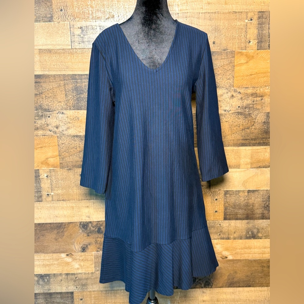 Simply Styled Women's Navy Blue Brown Striped Ruffle Dress Medium M AB 733